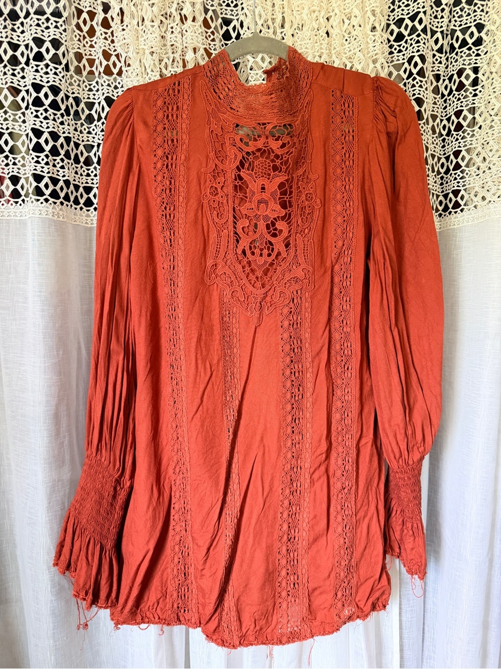 Free People Crochet Panel High-Neck Mini Dress — Rust